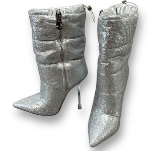 NWOB Azalea Wang Stepping Out silver rhinestone heeled puffer bootie sz 6.5